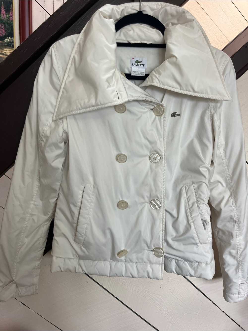 Lacoste Cream Double-Breasted Puffer Coat